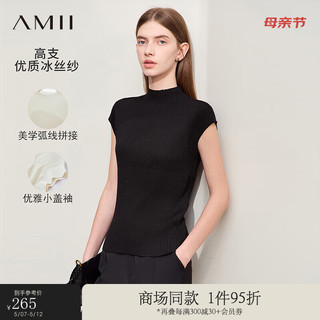 AMII2024夏半高领冰丝纱修身显瘦毛针织衫女弧形分割盖袖12442180 黑色 155/80A/S