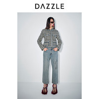 DAZZLE地素 毛呢外套2024春季新款女装拼接包边复古蓝灰格子上衣 蓝色 M