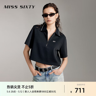 MISS SIXTY2024夏季短袖T恤女polo领拉链短款绣花美式复古风 黑色 M