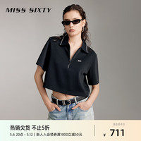 MISS SIXTY2024夏季短袖T恤女polo领拉链短款绣花美式复古风 黑色 S