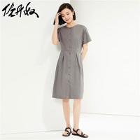 佐丹奴女装弹力天丝梭织收褶圆领连片袖连衣裙05464341 07刷磨灰 M