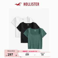 HOLLISTER24春夏3件装套装美式弹力纯色方领短袖T恤女 KI339-3490 白色/绿色/黑色 S(165/88A)