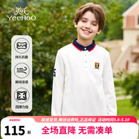 英氏（YEEHOO）男童T恤儿童polo衫春季百搭学院风长袖上衣中大童装洋气春装 彩旗徽章白色 140