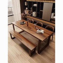 胡桃木餐桌椅组合家用吃饭桌新中式长方形大板原木莫比恩茶桌书桌