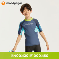 moodytiger儿童泳衣24夏季水上运动防晒泳衣男女童泳装短袖分体式 翎羽蓝-上衣 165cm
