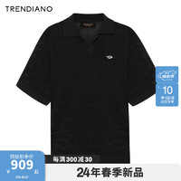 TRENDIANO镂空纹理针织短袖2024年夏季POLO衫慵懒胸针上衣男 黑色 S