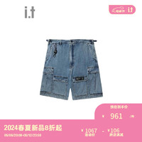 izzue it 男装宽松牛仔短裤2024夏季潮酷街头工装直筒裤6551S BLX/蓝色 28