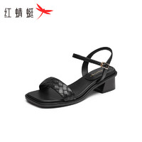 红蜻蜓凉鞋女2024夏季织外穿粗跟一字带气质高跟鞋 WTK24193黑色38