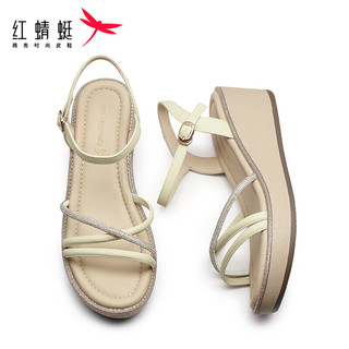 红蜻蜓凉鞋女2024夏季时尚软底舒适坡跟凉鞋 WFK24144浅绿色40