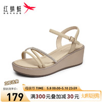 红蜻蜓 凉鞋女2024夏季时尚软底舒适坡跟凉鞋 WFK24144杏色37