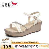 红蜻蜓凉鞋女2024夏季时尚软底舒适坡跟凉鞋 WFK24144米白色38