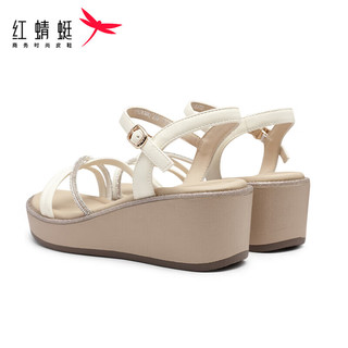 红蜻蜓凉鞋女2024夏季时尚软底舒适坡跟凉鞋 WFK24144米白色38