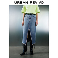 URBAN REVIVO 女装潮流休闲腰带开衩毛须牛仔半裙 UWV840158 浅蓝 S