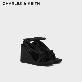 CHARLES&KEITH24春季绕绳粗条带厚底坡跟凉鞋女CK1-80580146 BLACK TEXTURED黑色纹理 36