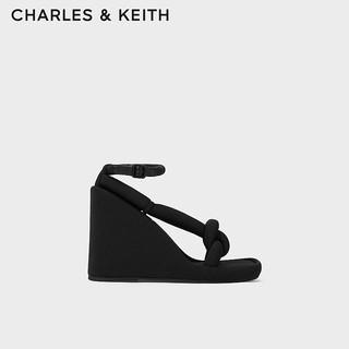 CHARLES&KEITH24春季绕绳粗条带厚底坡跟凉鞋女CK1-80580146 BLACK TEXTURED黑色纹理 38