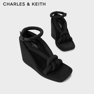 CHARLES&KEITH24春季绕绳粗条带厚底坡跟凉鞋女CK1-80580146 BLACK TEXTURED黑色纹理 41