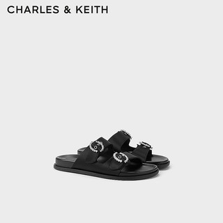 CHARLES&KEITH24夏亮钻圆扣平跟外穿休闲凉拖鞋CK1-71720050 BLACK TEXTURED黑色纹理 39