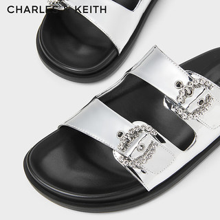 CHARLES&KEITH24夏亮钻圆扣平跟外穿休闲凉拖鞋CK1-71720050 Silver银色 41