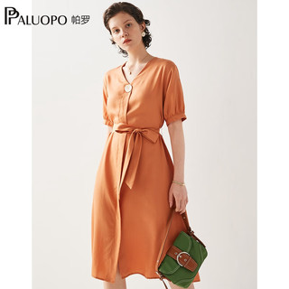 帕罗（PALUOPO）一粒扣收腰连衣裙中长款春夏纯色V领显瘦轻薄收腰V领气质女裙子 橙红 M(160/84A)