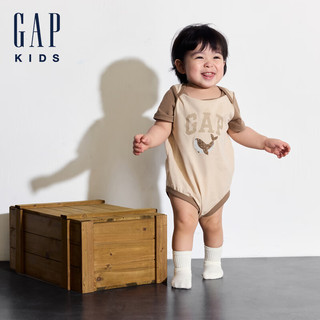 Gap婴儿2024夏季纯棉印花撞色短袖连体衣儿童装包屁衣505609 卡其色 73cm (6-9月) 亚洲尺码