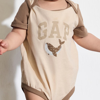 Gap婴儿2024夏季纯棉印花撞色短袖连体衣儿童装包屁衣505609 卡其色 73cm (6-9月) 亚洲尺码