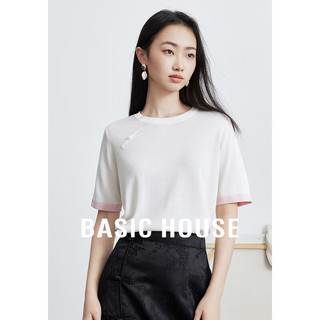 百家好（Basic House）新中式撞色T恤夏季国风女装盘扣短袖上衣B0624H5R552 白色 L