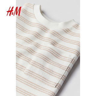 H&M童装男童T恤2024夏季纹理感圆领条纹宽松短袖上衣1233847 白色/米色条纹 150/76