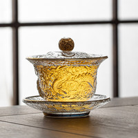 金镶玉 玻璃盖碗茶杯泡茶加厚茶碗水晶玻璃耐热防爆手抓壶防烫手三才盖碗 金箔祥龙盖碗