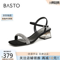 BASTO 百思图 24夏气质钻带舒适粗跟女一字带银色凉鞋TT109BL4 黑色 35