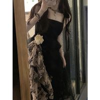 XWDKQ礼服成人礼服小个子夏季赫本风法式复古高级感绝美女装2024收 黑色吊带裙(有配花) M 100-110斤