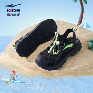 鸿星尔克儿童凉鞋男童鞋夏季透气包头凉鞋软底中大童沙滩鞋 正黑/荧光亮绿 34码