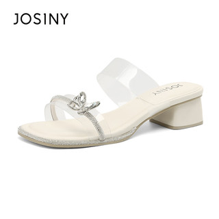 JOSINY 卓诗尼 拖鞋女高跟鞋绝美透明水晶带凉拖 米白色 37 标准码