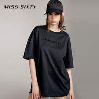 MISS SIXTY2024夏季短袖T恤女圆领落肩袖字母简约宽松中长款 黑色 S