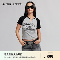 MISS SIXTY2024夏季新款T恤女美式复古插肩袖拼色印花百搭休闲风