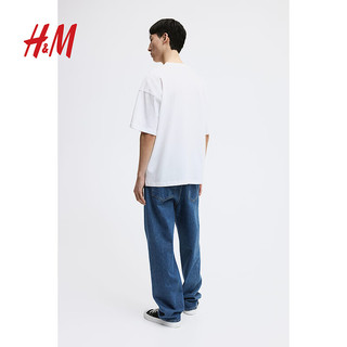 H&M男装T恤2024年夏季休闲柔软棉质直筒圆领短袖上衣1074658 白色 175/108
