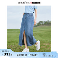 茵曼（INMAN）米雷系列开衩牛仔半身裙2024夏季女装绣花A字显腿长裙子 牛仔蓝 XL