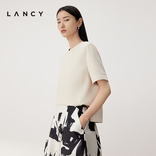 朗姿/LANCY2024夏季新款纯色圆领薄款短袖t恤简约百搭宽松衬衫女 浅灰色 S