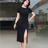 URBAN REVIVO 女士时尚设计感扭结开衩修身连衣裙 UWH740032 正黑 M