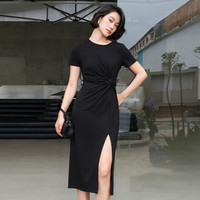 URBAN REVIVO 女士时尚设计感扭结开衩修身连衣裙 UWH740032 正黑 L