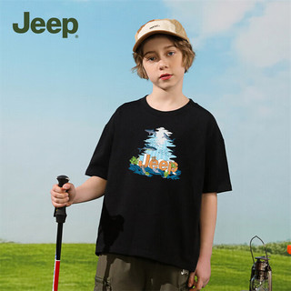 Jeep儿童短袖T恤季女大童运动速干衣修身休闲上衣男童 黑色-1352 175cm