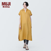 无印良品 MUJI 女式 麻 水洗 开领半袖连衣裙 女装汉麻裙子夏季 BC2JLA4S 烟熏黄色 XS 150/76A