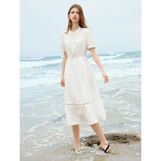 初语白月光泡泡袖短袖连衣裙女2024夏季拼接设计收腰显瘦长裙 奶白色 XL