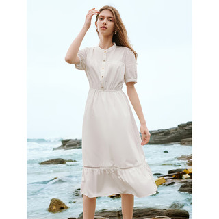 初语白月光泡泡袖短袖连衣裙女2024夏季拼接设计收腰显瘦长裙 奶白色 M