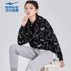 ERKE 鴻星爾克 電池熊貓丨鴻星爾克秋季女士休閑上衣滿印寬松連帽衛衣女時尚