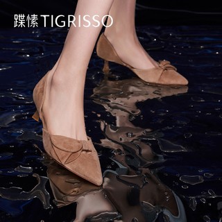 tigrisso 蹀愫 春夏新款蝴蝶结黑色法式高跟鞋尖头皮鞋绒面单鞋女TA43127-11