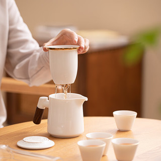 苏氏陶瓷（SUSHI CERAMICS）描金羊脂玉瓷手柄快客杯旅行包茶具