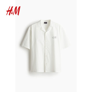 H&M男装2024夏季宽松版型印花古巴领衬衫1225685 白色/Document 165/84 XS
