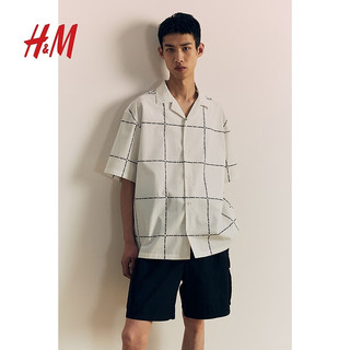 H&M男装2024夏季宽松版型印花古巴领衬衫1225685 白色/Document 165/84 XS