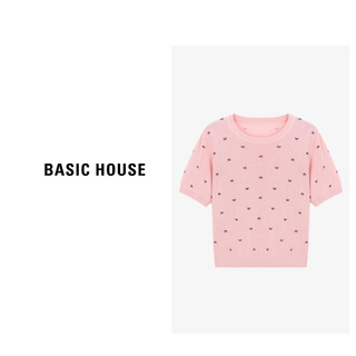 Basic House/百家好春季百搭蝴蝶结印花时尚针织衫-B0624B5I172 麻蔚蓝 XL125-135斤