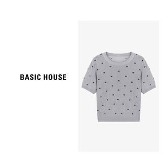 Basic House/百家好春季百搭蝴蝶结印花时尚针织衫-B0624B5I172 麻蔚蓝 L110-125斤